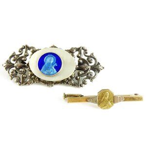 Vintage St Therese Brooch Bar Pin Lot Blue Enamel FIX Goldplated